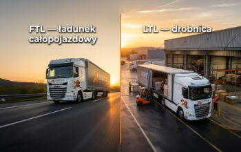 Split screen: left shows a white DAF truck driving on a highway at sunset labeled 'FTL – ladunek całopojazdowy'; right shows a loading dock with a truck being loaded for 'LTL – drobnica'