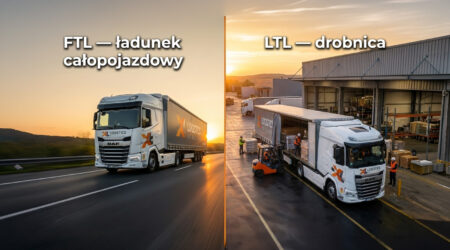 Split screen: left shows a white DAF truck driving on a highway at sunset labeled 'FTL – ladunek całopojazdowy'; right shows a loading dock with a truck being loaded for 'LTL – drobnica'