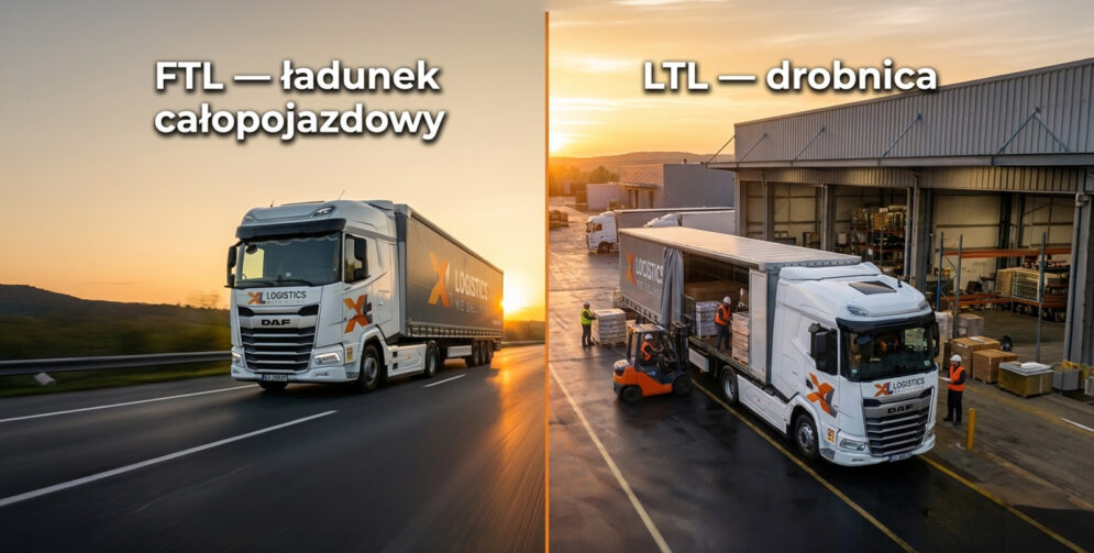 Split screen: left shows a white DAF truck driving on a highway at sunset labeled 'FTL – ladunek całopojazdowy'; right shows a loading dock with a truck being loaded for 'LTL – drobnica'