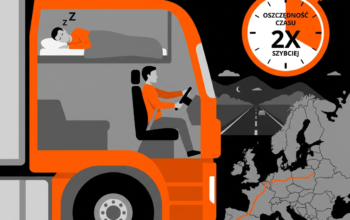 Orange truck cab with driver at night, traveling across Europe; a large stopwatch shows '2x faster' time savings.