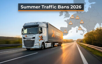 White DAF truck on a highway with a Europe map and orange warning icons, under the banner 'Summer Traffic Bans 2026'.