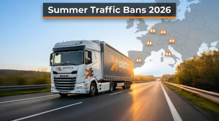 White DAF truck on a highway with a Europe map and orange warning icons, under the banner 'Summer Traffic Bans 2026'.
