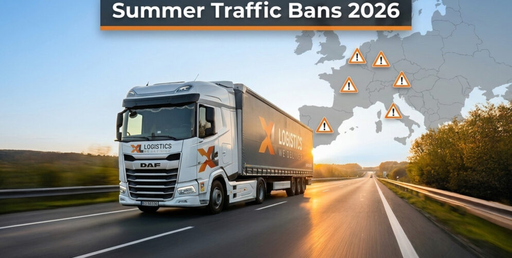 White DAF truck on a highway with a Europe map and orange warning icons, under the banner 'Summer Traffic Bans 2026'.