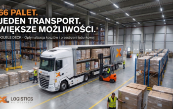 W magazynie XL Logistics ciężarówka z naczepą ładowana paletami przez wózek widłowy i pracowników w pobliżu.