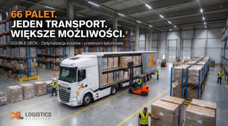 W magazynie XL Logistics ciężarówka z naczepą ładowana paletami przez wózek widłowy i pracowników w pobliżu.