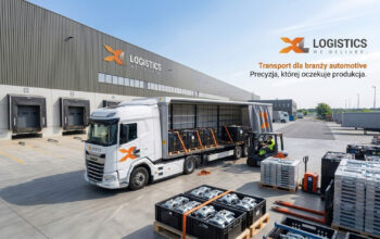 White DAF truck with orange XL logo unloading at a loading dock of an industrial warehouse; forklift loading pallets nearby.