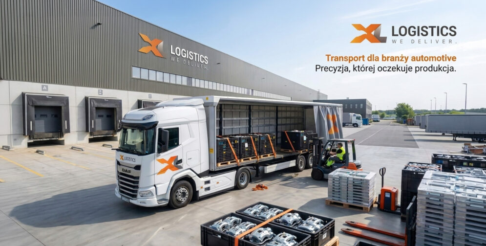 Un camión DAF blanco con el logotipo XL naranja descargando en el muelle de carga de un almacén industrial; cerca, una carretilla elevadora cargando palés.