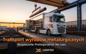 Gün batımında, üzerinde bir vinç bulunan bir sanayi sahasında, X Logistics logolu beyaz bir DAF kamyonu büyük metal boruları teslim ediyor.