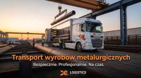 Camion DAF blanc arborant le logo X Logistics, livrant de gros tuyaux métalliques dans un site industriel, avec une grue au-dessus, au coucher du soleil.