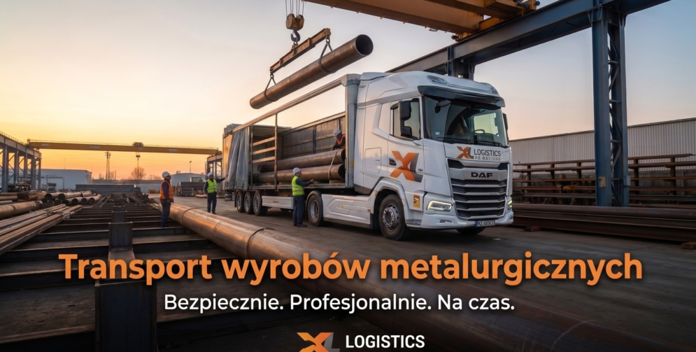 Un camión DAF blanco con el logotipo de X Logistics descargando grandes tubos metálicos en un recinto industrial, con una grúa en lo alto, al atardecer.