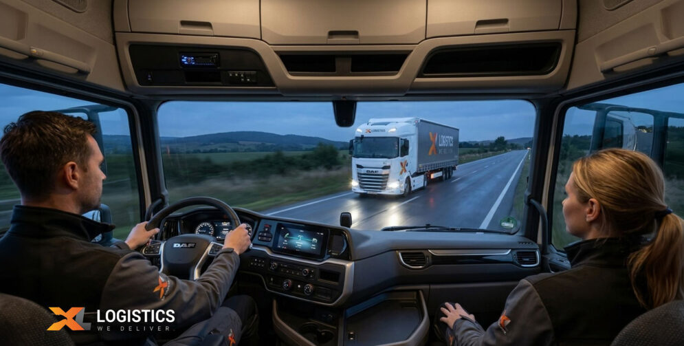 Im Fahrerhaus eines DAF-Lkw beobachten zwei Besatzungsmitglieder einen weißen Sattelzug von XL Logistics, der vor ihnen auf der nassen Autobahn fährt